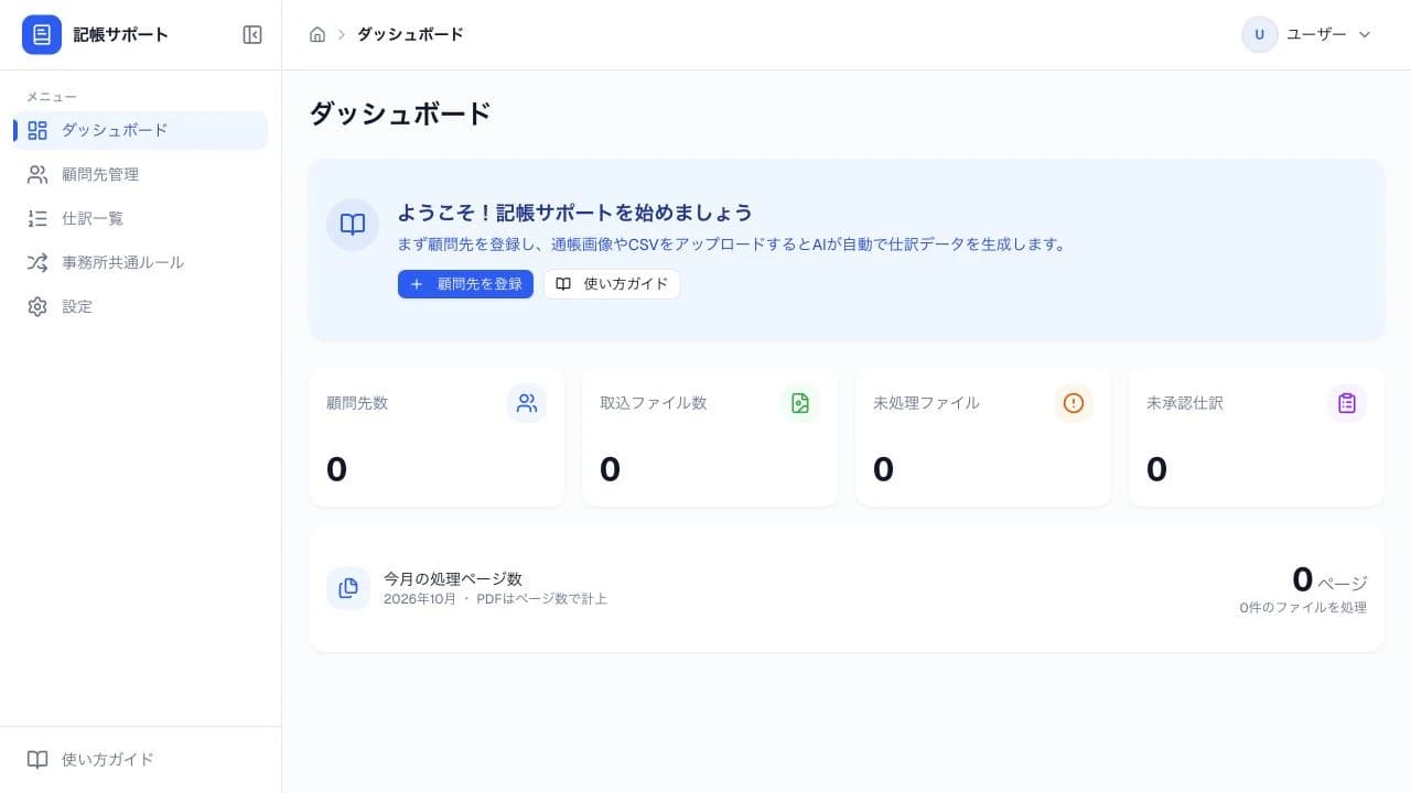 記帳サポートのダッシュボードと顧問先・仕訳メニュー