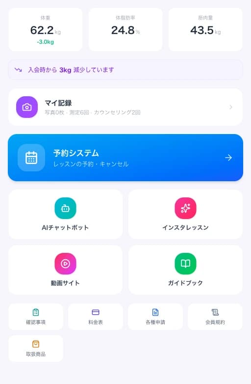 フィットネス会員サイトの記録・予約・各種メニュー
